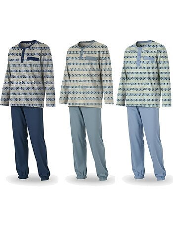 Ozabi ensemble pyjama homme long pack de 3, haut imprimé col boutonné