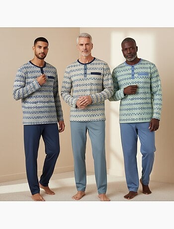 Ozabi ensemble pyjama homme long pack de 3, haut imprimé col boutonné