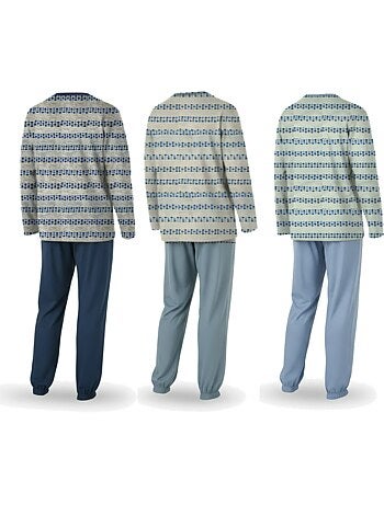 Ozabi ensemble pyjama homme long pack de 3, haut imprimé col boutonné