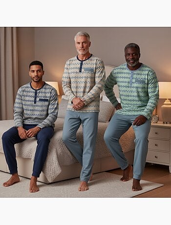 Ozabi ensemble pyjama homme long pack de 3, haut imprimé col boutonné