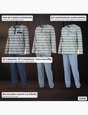 Ozabi ensemble pyjama homme long pack de 3, haut imprimé col boutonné