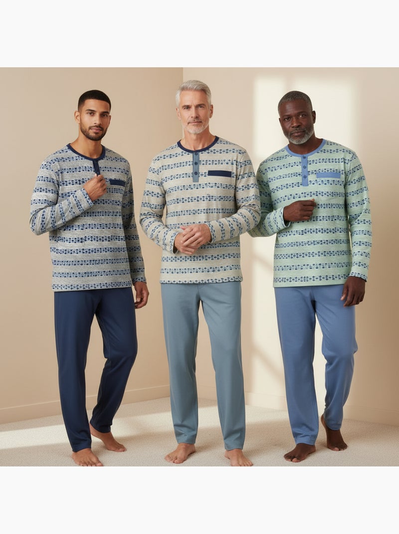 Ozabi ensemble pyjama homme long pack de 3, haut imprimé col boutonné Gris Vert - Kiabi