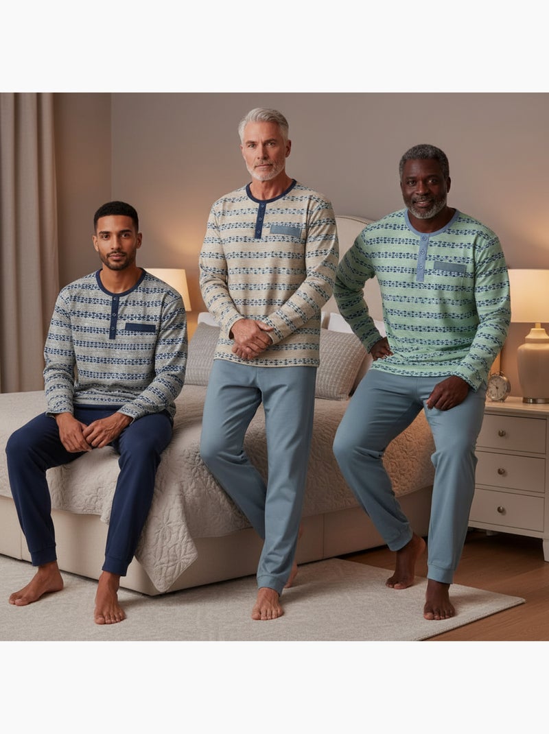Ozabi ensemble pyjama homme long pack de 3, haut imprimé col boutonné Gris Vert - Kiabi