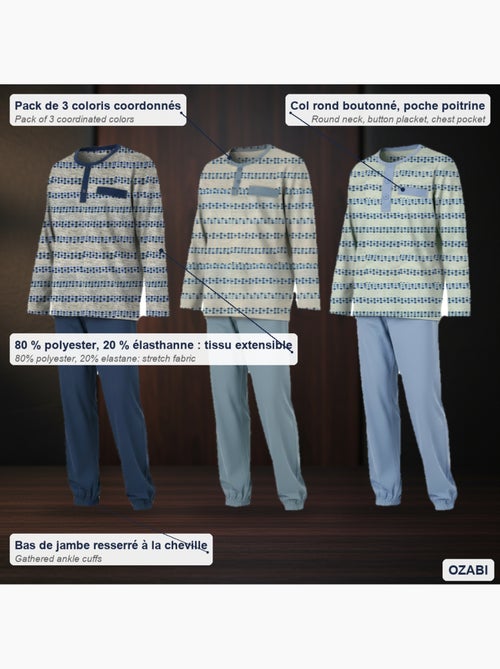 Ozabi ensemble pyjama homme long pack de 3, haut imprimé col boutonné - Kiabi