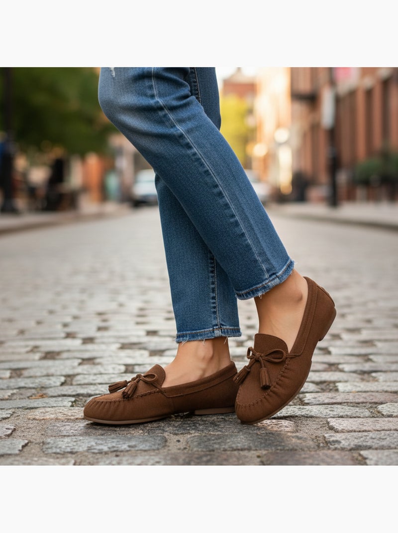 Ozabi mocassins femme bobo chic nœud pampilles daim synthétique Cognac - Kiabi