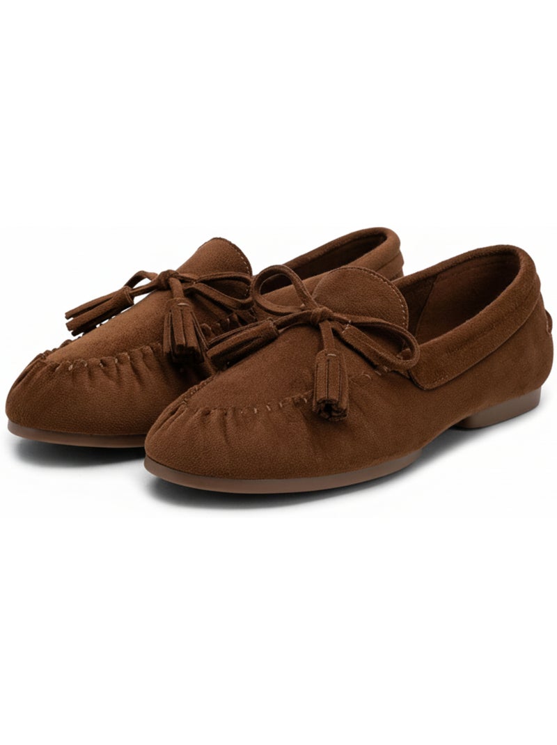 Ozabi mocassins femme bobo chic nœud pampilles daim synthétique Cognac - Kiabi