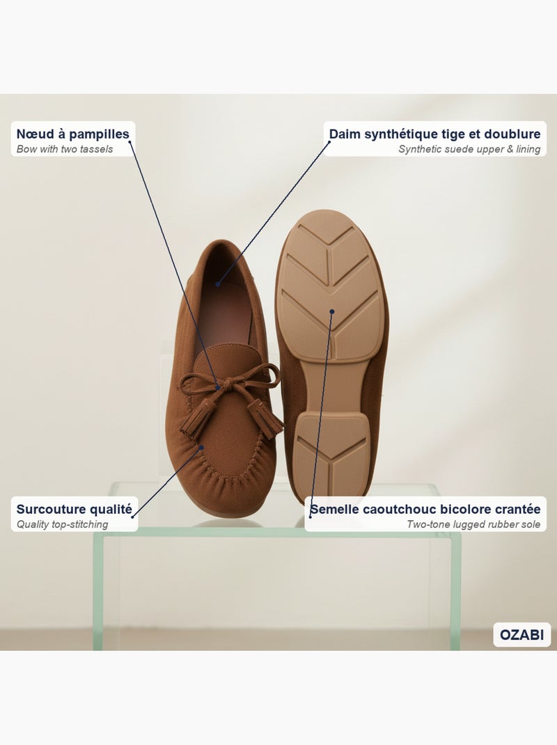 Ozabi mocassins femme bobo chic nœud pampilles daim synthétique Cognac - Kiabi