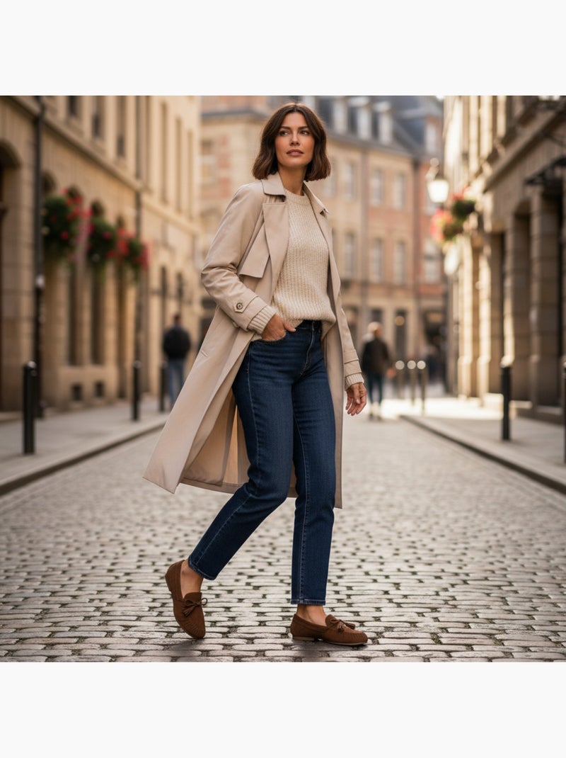 Ozabi mocassins femme bobo chic nœud pampilles daim synthétique Cognac - Kiabi