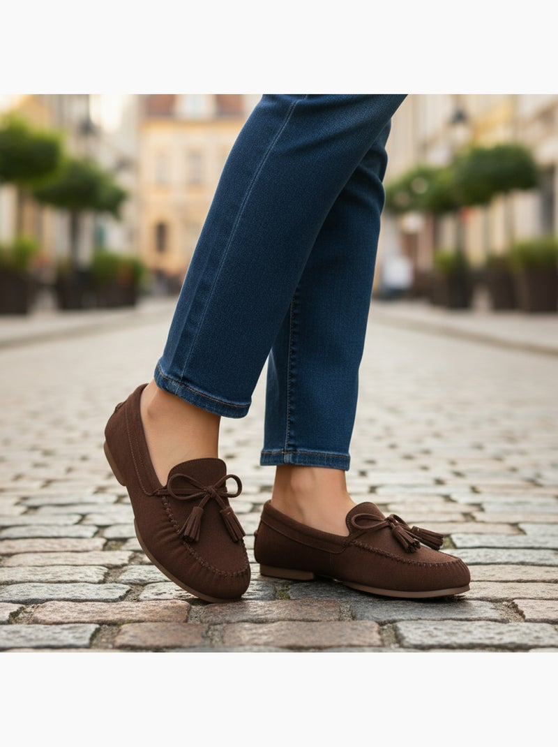 Ozabi mocassins femme bobo chic nœud pampilles daim synthétique Marron - Kiabi