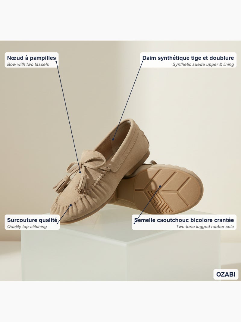 Ozabi mocassins femme bobo chic nœud pampilles daim synthétique Taupe - Kiabi