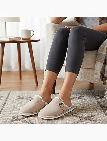 Ozabi mules femme, aspect daim, broderie scandinave, doublure fourrure