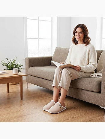 Ozabi mules femme, aspect daim, broderie scandinave, doublure fourrure