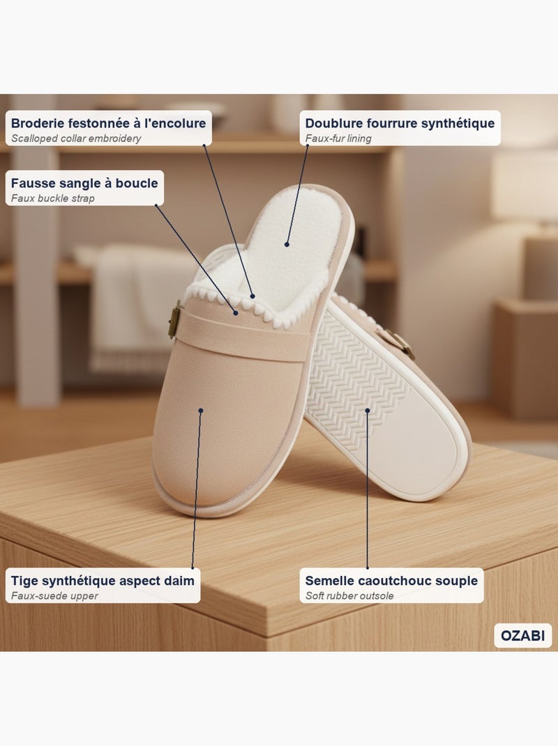 Ozabi mules femme, aspect daim, broderie scandinave, doublure fourrure Beige - Kiabi