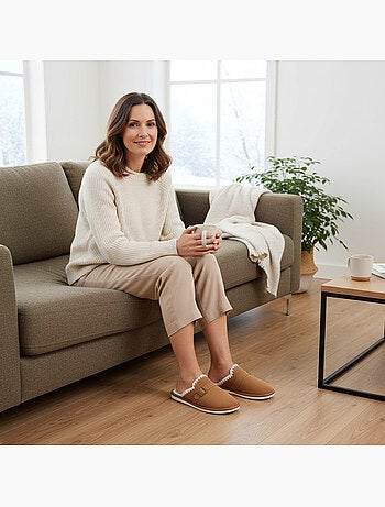 Ozabi mules femme, aspect daim, broderie scandinave, doublure fourrure