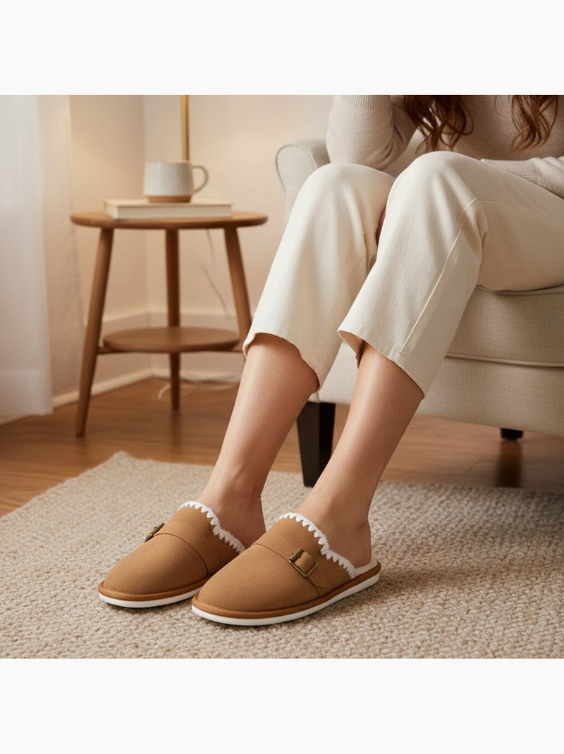 Ozabi mules femme, aspect daim, broderie scandinave, doublure fourrure Camel - Kiabi
