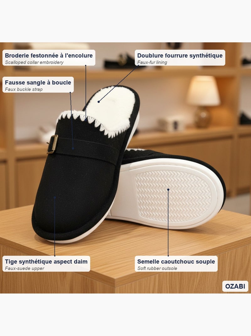 Ozabi mules femme, aspect daim, broderie scandinave, doublure fourrure Noir - Kiabi