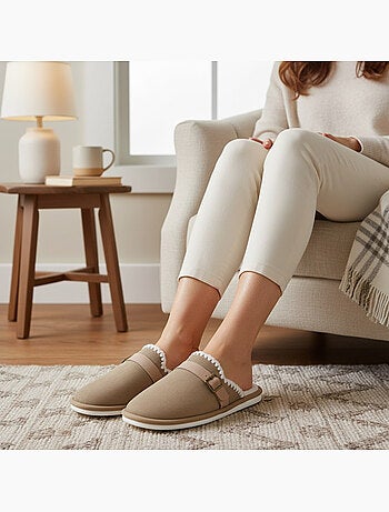 Ozabi mules femme, aspect daim, broderie scandinave, doublure fourrure