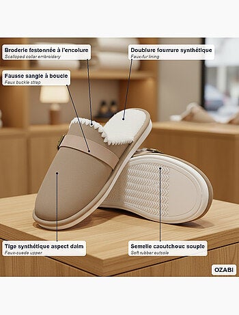 Ozabi mules femme, aspect daim, broderie scandinave, doublure fourrure