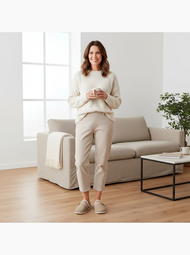 Ozabi mules femme, aspect daim, broderie scandinave, doublure fourrure Taupe - Kiabi