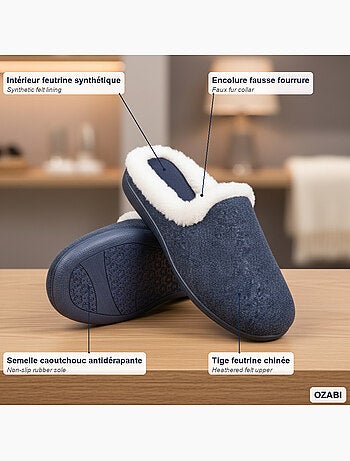 Ozabi mules femme hiver, feutrine unie chinée, encolure fausse fourrure