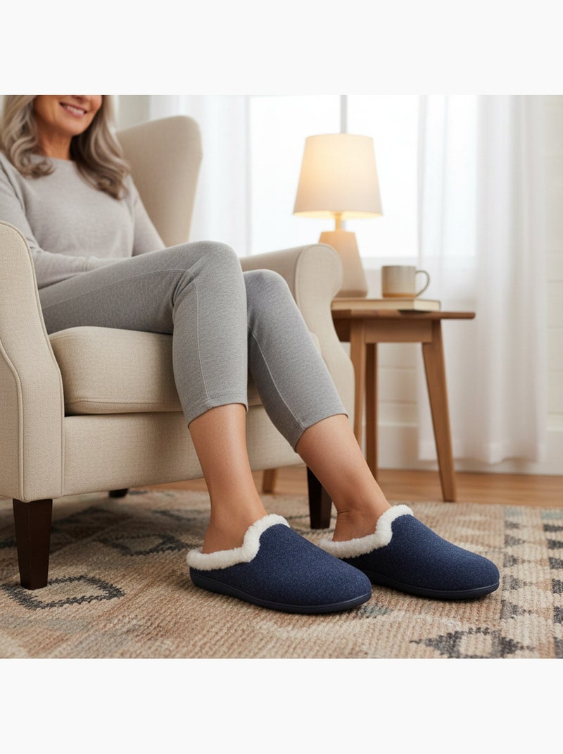 Ozabi mules femme hiver, feutrine unie chinée, encolure fausse fourrure Bleu marine - Kiabi