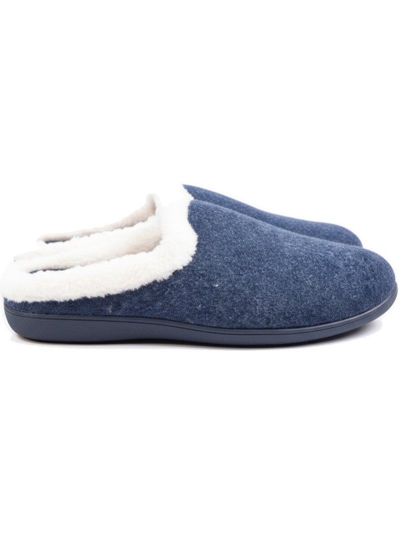 Ozabi mules femme hiver, feutrine unie chinée, encolure fausse fourrure Bleu marine - Kiabi
