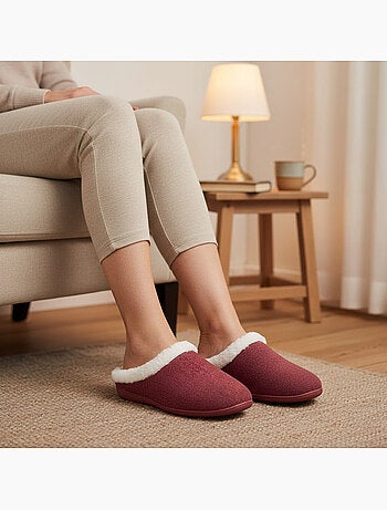 Ozabi mules femme hiver, feutrine unie chinée, encolure fausse fourrure