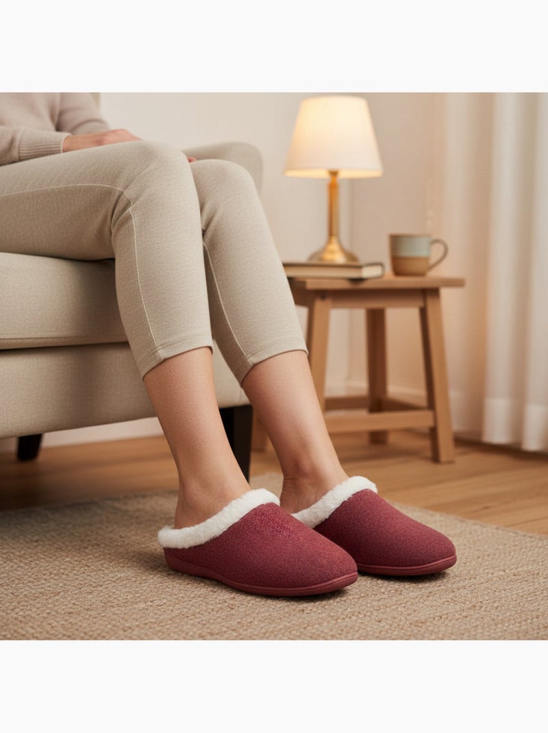 Ozabi mules femme hiver, feutrine unie chinée, encolure fausse fourrure Bordeaux - Kiabi