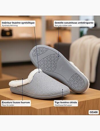 Ozabi mules femme hiver, feutrine unie chinée, encolure fausse fourrure