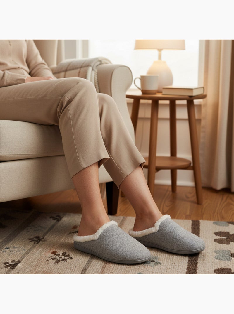Ozabi mules femme hiver, feutrine unie chinée, encolure fausse fourrure Gris - Kiabi