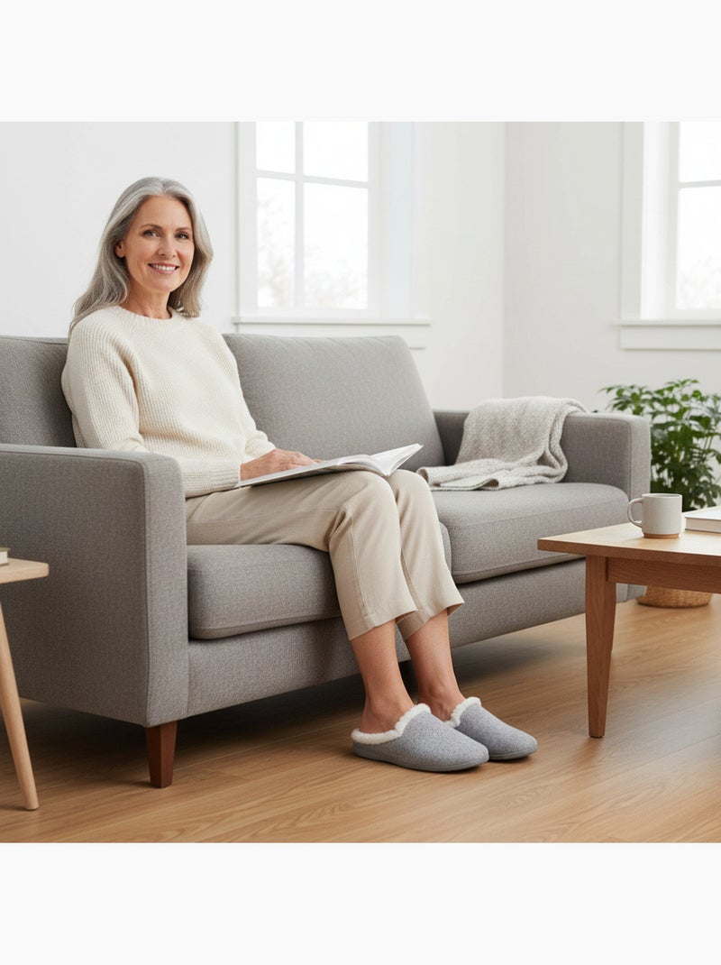 Ozabi mules femme hiver, feutrine unie chinée, encolure fausse fourrure Gris - Kiabi
