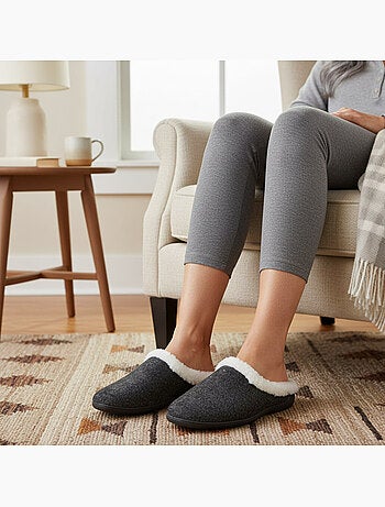 Ozabi mules femme hiver, feutrine unie chinée, encolure fausse fourrure