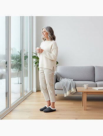 Ozabi mules femme hiver, feutrine unie chinée, encolure fausse fourrure
