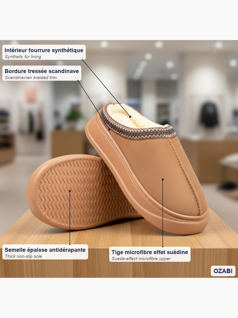 Ozabi mules femme style scandinave, intérieur fourré, semelle antidérapante Marron - Kiabi