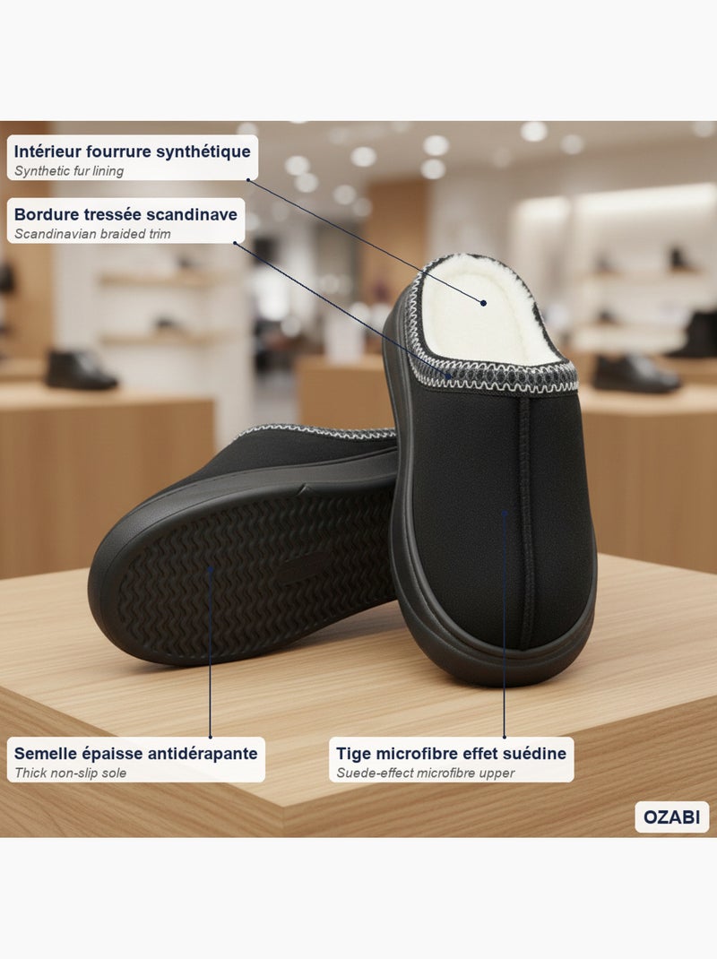 Ozabi mules femme style scandinave, intérieur fourré, semelle antidérapante Noir - Kiabi