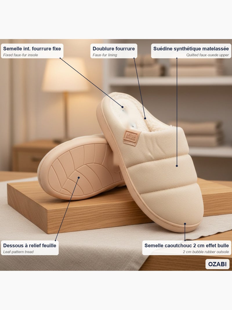 Ozabi mules femme, suédine matelassée effet doudoune, doublure fourrure Beige - Kiabi