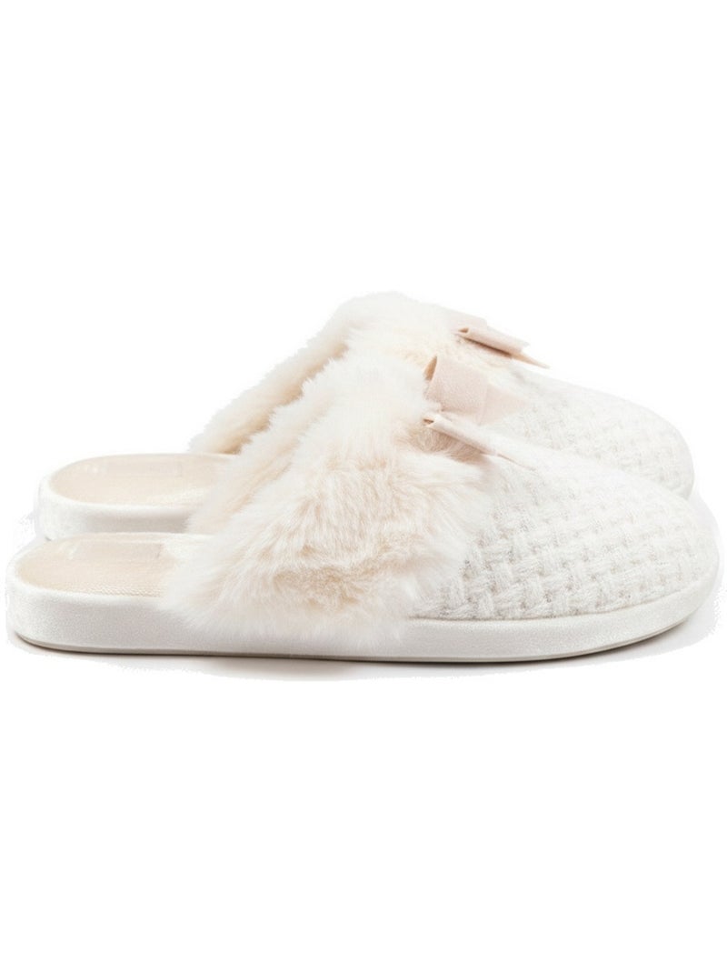 Ozabi mules femme, tricot fil lurex, encolure fausse fourrure et nœud Beige - Kiabi