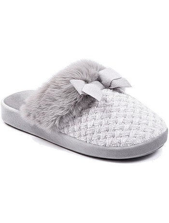 Ozabi mules femme, tricot fil lurex, encolure fausse fourrure et nœud