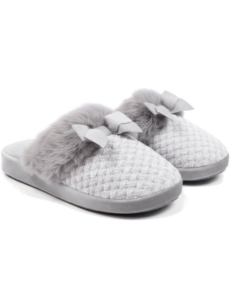 Ozabi mules femme, tricot fil lurex, encolure fausse fourrure et nœud Gris - Kiabi