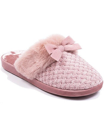 Ozabi mules femme, tricot fil lurex, encolure fausse fourrure et nœud