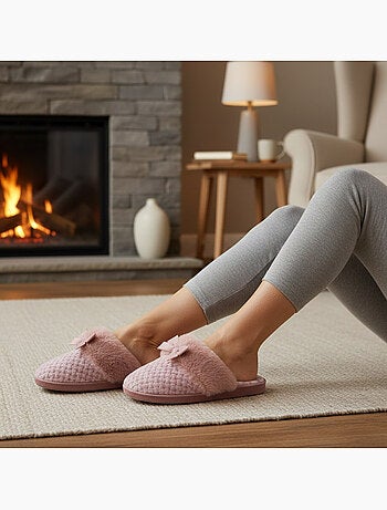 Ozabi mules femme, tricot fil lurex, encolure fausse fourrure et nœud