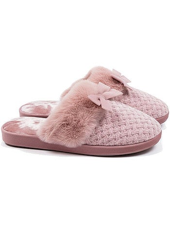 Ozabi mules femme, tricot fil lurex, encolure fausse fourrure et nœud