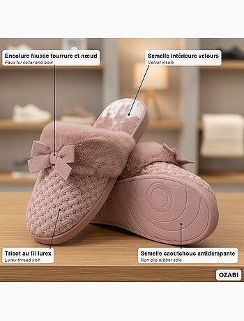 Ozabi mules femme, tricot fil lurex, encolure fausse fourrure et nœud