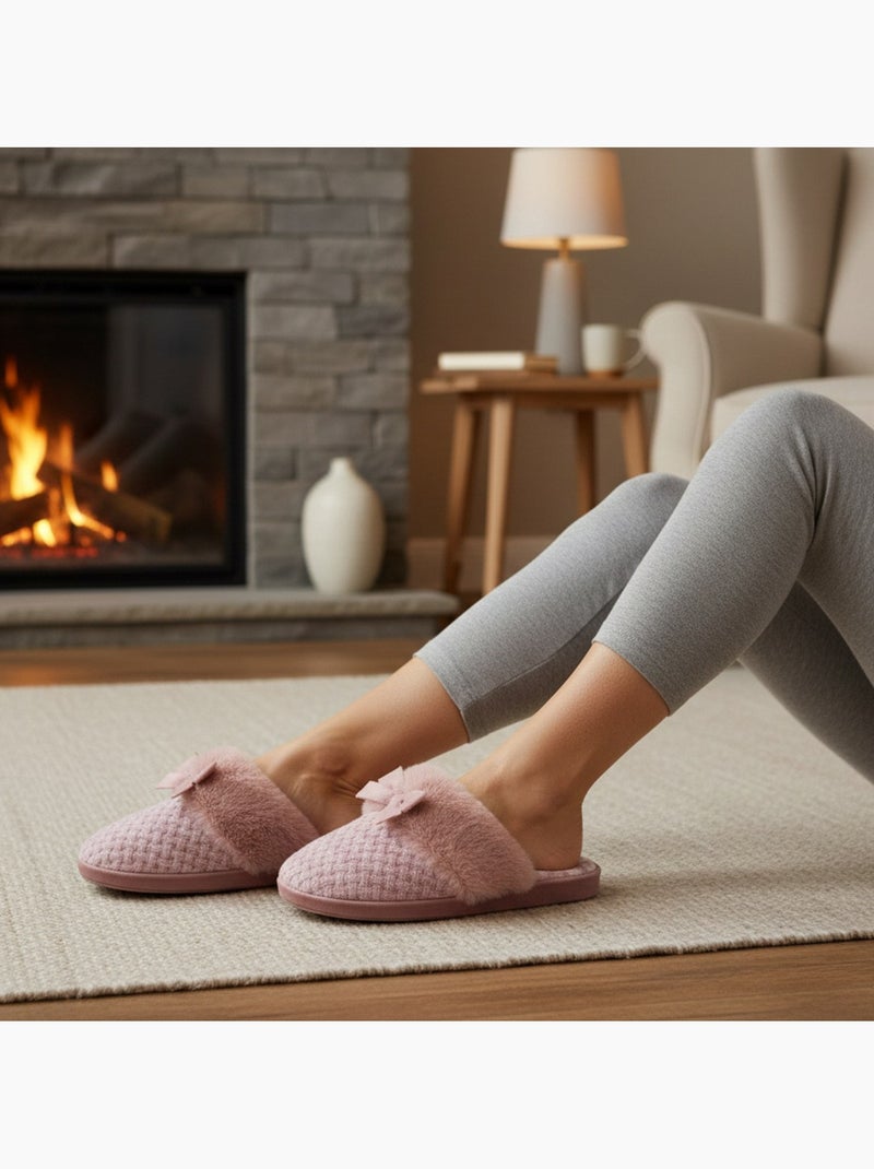 Ozabi mules femme, tricot fil lurex, encolure fausse fourrure et nœud Mauve - Kiabi