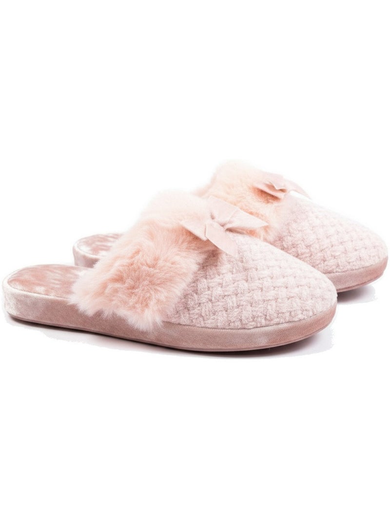 Ozabi mules femme, tricot fil lurex, encolure fausse fourrure et nœud Rose - Kiabi