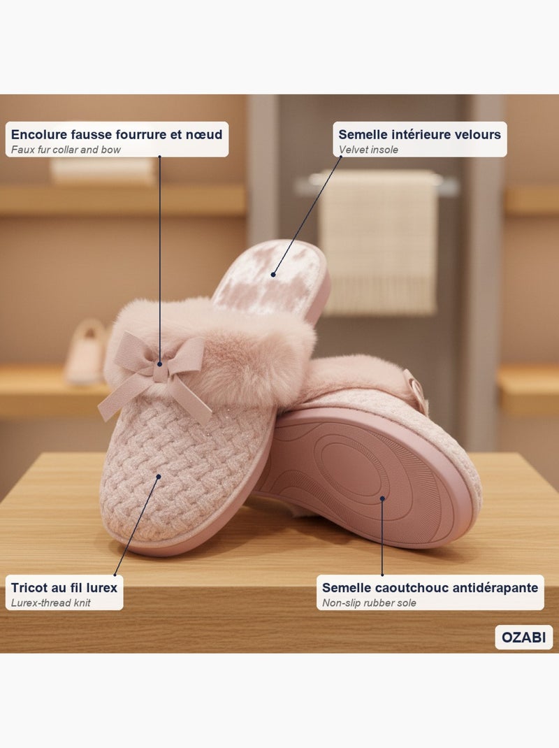 Ozabi mules femme, tricot fil lurex, encolure fausse fourrure et nœud Rose - Kiabi