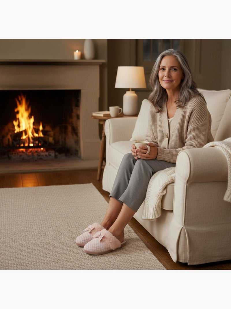 Ozabi mules femme, tricot fil lurex, encolure fausse fourrure et nœud Rose - Kiabi