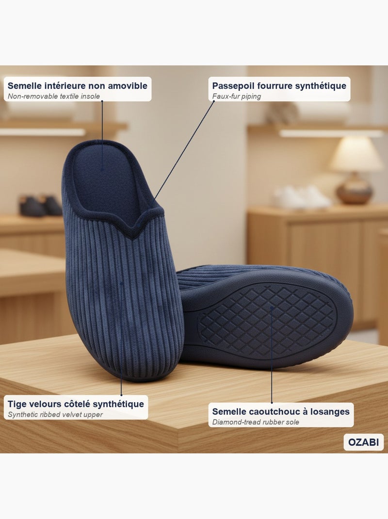 Ozabi mules femme unies, velours côtelé synthétique, passepoil fourrure Bleu marine - Kiabi