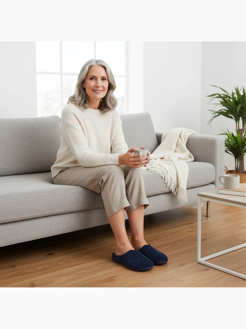 Ozabi mules femme unies, velours côtelé synthétique, passepoil fourrure Bleu marine - Kiabi