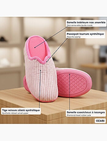 Ozabi mules femme unies, velours côtelé synthétique, passepoil fourrure
